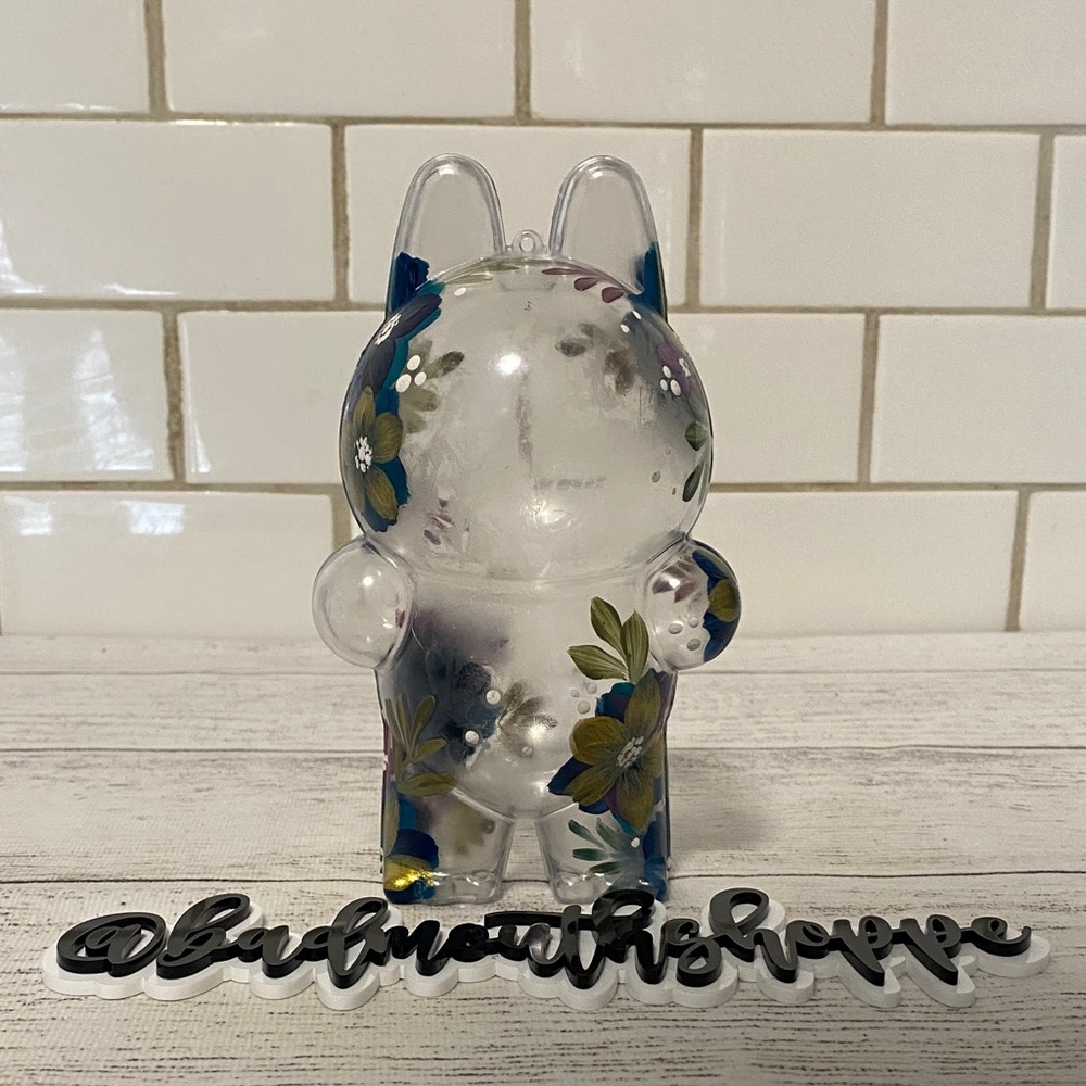 Upcycled Painted Labubu Storage Display Protective Plastic Case - Blue Florals